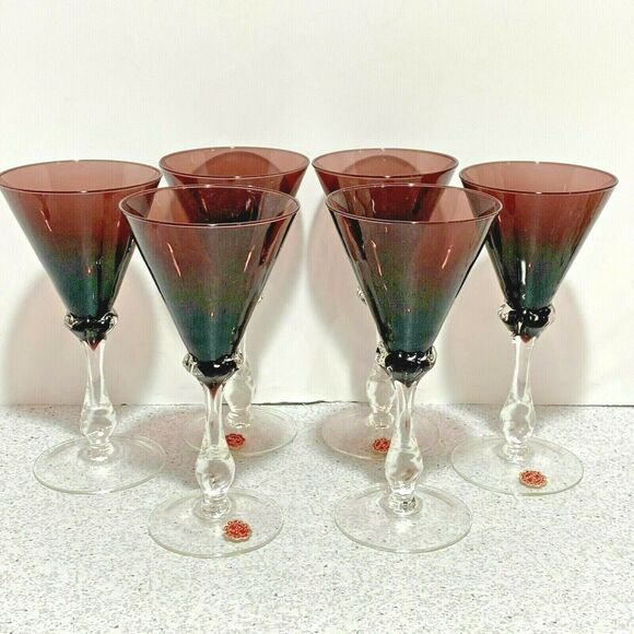Wine Glasses Clear Crystal & Purple Hand Blown Glass Vintage Italian Set of 6 - Picture 3 of 10